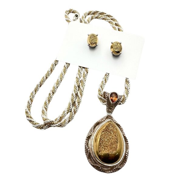 Vintage Sterling Silver Gold Druzy Quartz Pendant Necklace Earrings Set 40 Grams - Picture 1 of 3
